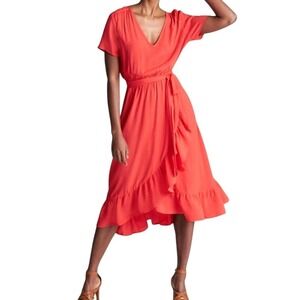 GAP Coral Ruffle Midi Dress V-Neck Short Sleeve Tie Waist Hula Red Small Tall